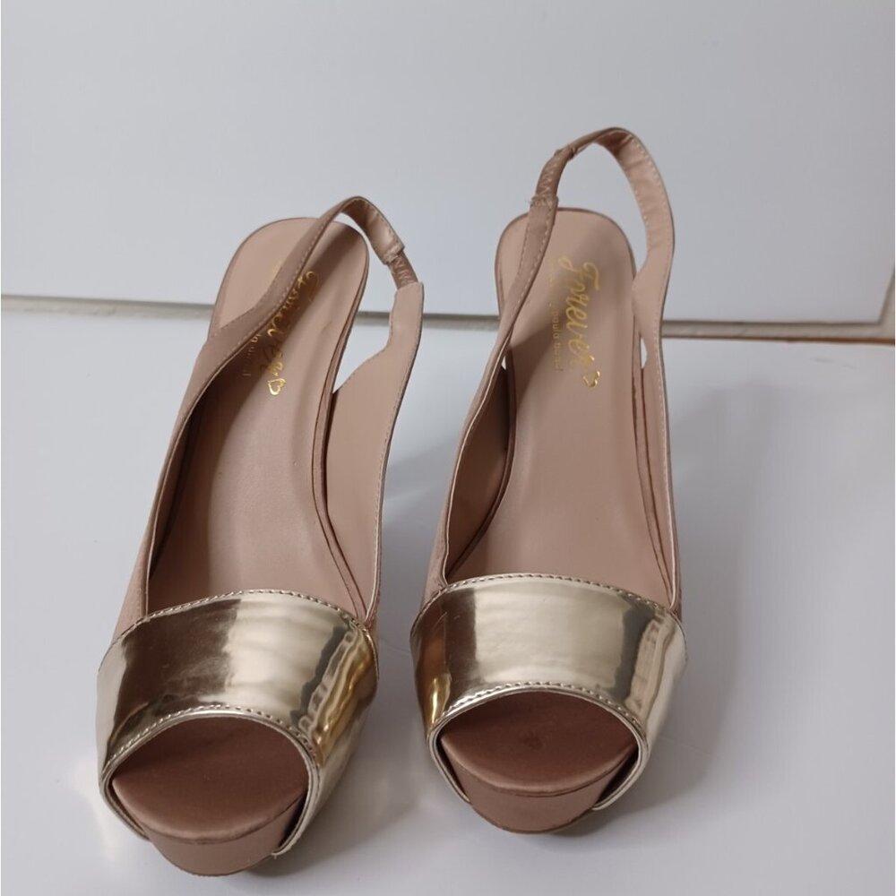FOREVER by PAULA ABDUL (Size 9)  Lace Heel Gold Trim Open Toe High Heels
